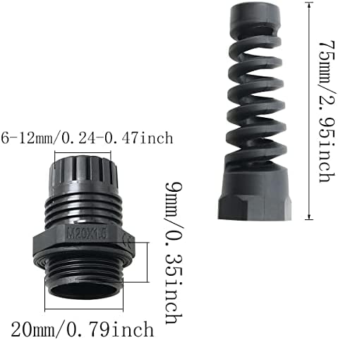 JJHXSM 2db Kábel Mirigy Flex Spirál tehermentesítő M20 Fekete Nylon Közös Állítható Locknut 6-12mm Átmérőjű Kábel