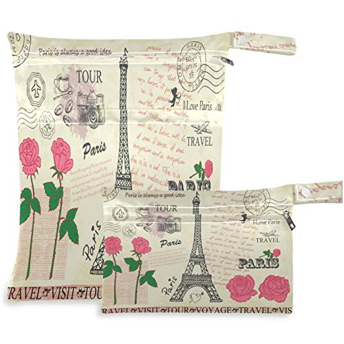 visesunny Párizsi Eiffel-Torony Rózsaszín Rózsa Betűkkel 2db Nedves Táska Cipzáras Zseb, Mosható, Újrahasználható Tágas,Utazás,