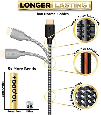 PowerBear 4K HDMI Kábel 1 ft | Nagy Sebességű, Fonott Nylon & Arany Csatlakozók, 4K @ 60Hz, Ultra HD, 2K, 1080P, ARC & CL3
