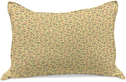 Ambesonne Virágos Sárga Kötött Paplan Pillowcover, Vintage Stílusú Egyszerű Virágok, Levelek, Standard King Méretű Párna