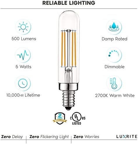 LUXRITE E12 Évjárat LED Izzó 60W Egyenértékű, T6 T6.5, 2700K (Meleg Fehér), 500 Lumen, Szabályozható Gyertyatartót LED Cső Izzó 5W,