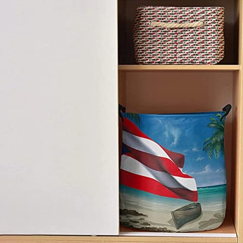 Szennyes Tároló Kosár Puerto Rico Zászló július 4-én Nagy Összecsukható Tárolók fogantyúval Coco Fa Strand Gátolják Táska Vízálló Kosarak