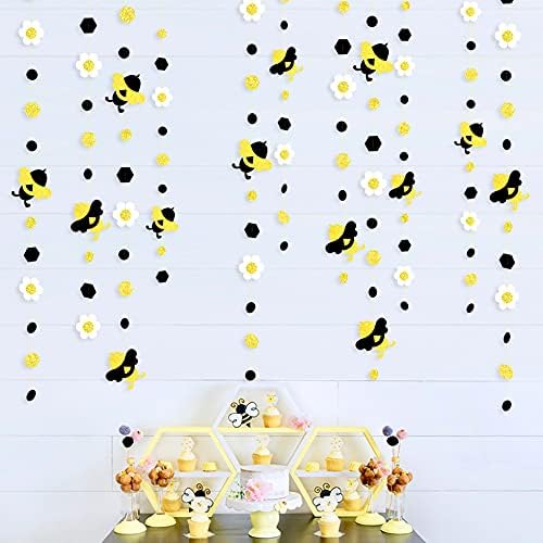 52Ft Fekete-Arany-Fehér Méh Virág Kör Dot Banner Garland Csillogó Honeycomb Bumble a Nemek közötti Mutatják Dekoráció Gyerekeknek, Születésnapi