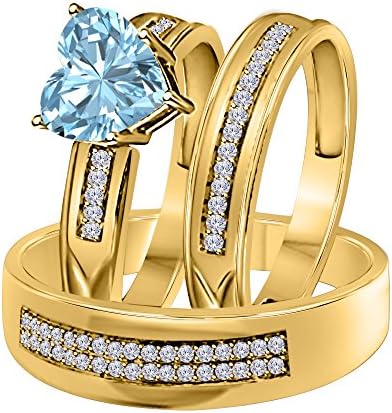 DS Ékszereket Az Övé Megfelelő Esküvői Zenekar Gyűrű Készlet 14K Sárga Arany, Aranyozott, Alufelni, 6 MM-es Hő Vágott CZ Akvamarin