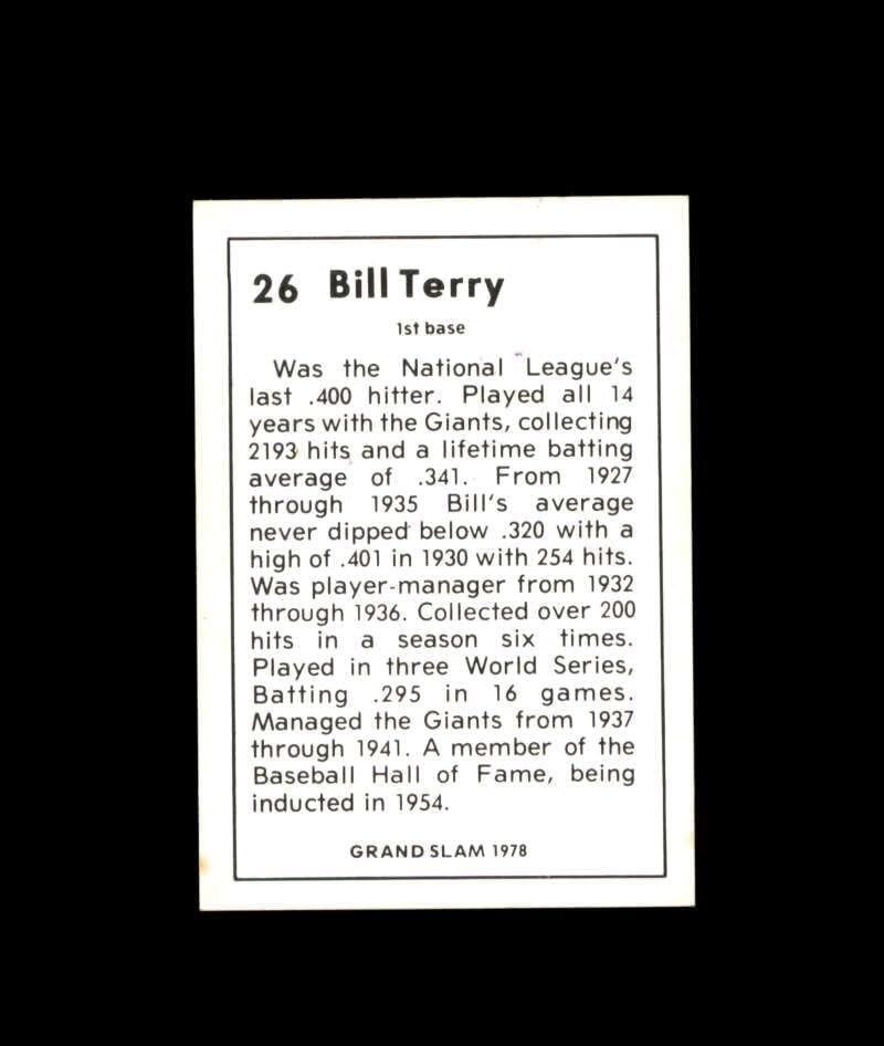 Bill Terry Aláírt 1978 Grand Slam-New York Giants Autogramot