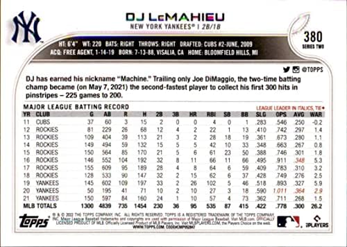 2022 Topps 380 DJ LeMahieu New York Yankees Sorozat 2 MLB Baseball Trading Card