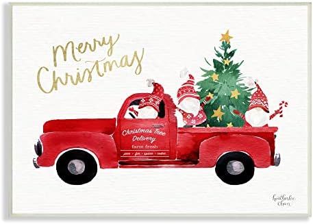 Stupell Iparágak Boldog Karácsonyi Ünnep Piros Teherautó Santa Gnómok & Fa, Design by Heatherlee Chan