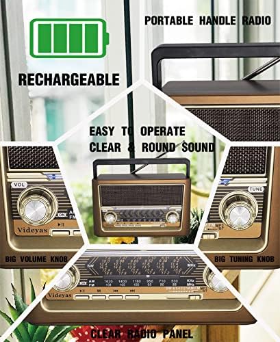Videyas AM FM Retro Rádió, Hordozható Vintage Rövidhullámú Rádió, Bluetooth Hangszóró, Elemlámpa, Akkumulátor, USB-Aux-Bemenet,