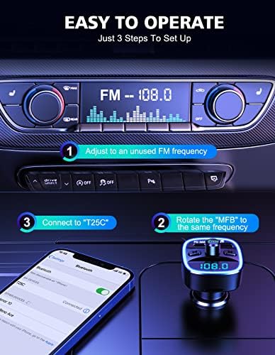 RIWUSI Bluetooth FM Transmitter Autóba, [Továbbfejlesztett Típus-C] PD 30W Gyors Töltés Bluetooth Autós Adapter kihangosított Hívás,