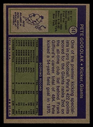 1972 Topps 147 Pete Gogolak New York Giants-FB (Foci Kártya) EX+ Óriások-FB Cornell