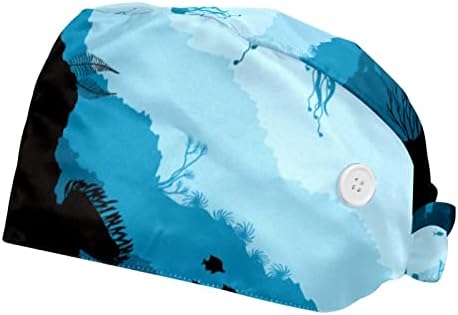 2 Csomag Kék Cápák a Víz alatt Dolgozó Kap Gombokkal Állítható Fejpánt Nyakkendő Vissza Bouffant Kalapok