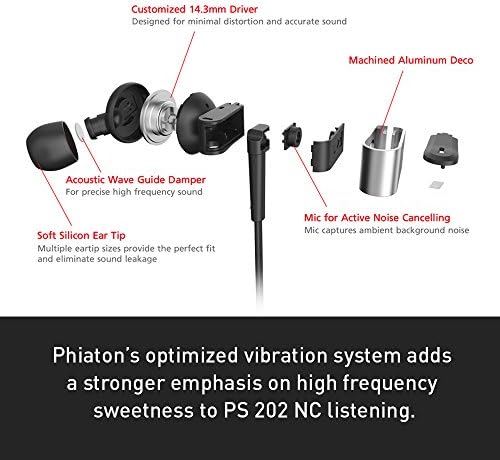 Phiaton PS 202 NC-Aktív zajszűrő Vezetékes Fülhallgató a Fülében Sztereó Fülhallgató Mikrofonnal, valamint Távoli, 10 Óra Játékidő,