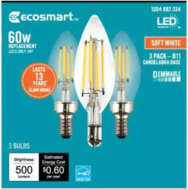 EcoSmart Izzók 60 Wattos Egyenértékű B11 Szabályozható Energy Star Átlátszó Üveg Gyertyatartó LED-es Évjárat Edison-Izzó