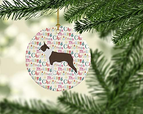 Caroline Kincsek WDK1891CO1 Boston Terrier Boldog Karácsonyt Kerámia Dísz, Többszínű, karácsonyfa Díszek, Lógó Dísz, Karácsony, Nyaralás,