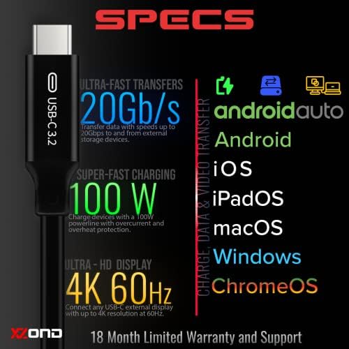 XZOND USB-C-C 3.2 Gen 2x2 Kábel - 20Gbps Adatátvitel - 4K-60Hz HDR-Monitor Video - 100W PD Töltés - Thunderbolt-Kompatibilis - 3.3 ft - a
