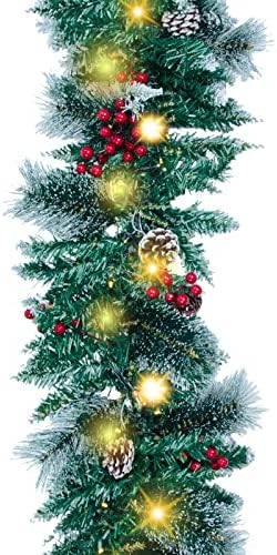U-QE 9 FT Előre Világít Mesterséges Karácsonyi Koszorú, Díszített Havas fenyőtoboz, Holly Berry, Időzítő 8 Módok elemes Karácsonyi Koszorú