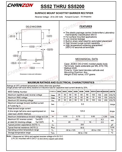 (Csomag 50 Db) Chanzon SS510 SMD Schottky Akadály Egyenirányító Diódák 5A 100V SMA (DO-214AC) 5 Amp 100 Voltos