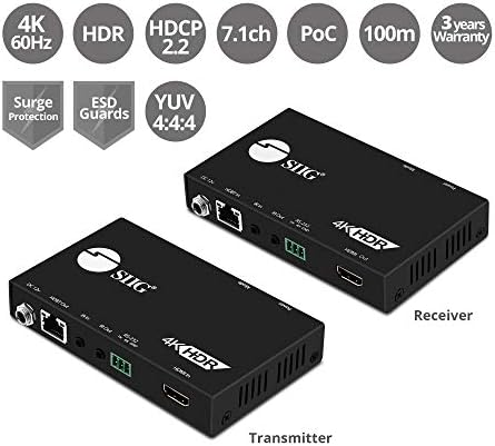 SIIG 4K HDR HDMI 2.0 HDBaseT Extender Át Egyetlen Cat5e/6 RS-232 & IR - 330ft (100m) @ 1080p & 3840x2160@60Hz YUV 4:4:4, 8 bites, RS232,