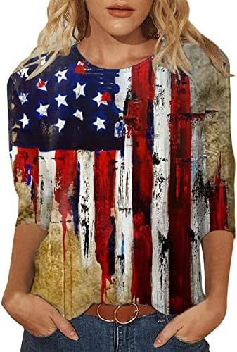 Július 4-Ingek, Női USA Zászló Nyári 3/4-Es Ujjú Sleeve Tshirt háromnegyedes Ujjú Ünnepi Alkalmi Blúz Felső