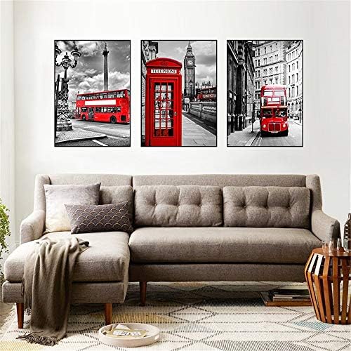 Dekoratív Festmények 3 Panelek Piros Busz telefonfülkében, Vászonra Festés, Fekete Fehér Vászon Wall Art Kész Lógni Dekoratív