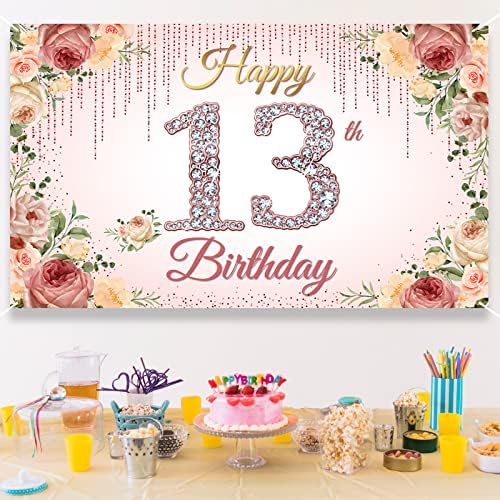 HTDZZI 13 Szülinapi Dekoráció, Rose Gold Boldog 13-ik Születésnapja Hátteret, Banner, Lányok, Rózsaszín Virágos 13 Éves Születésnapi Party