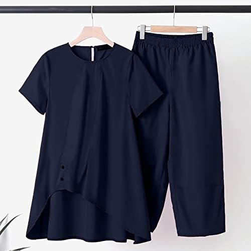 Öltöny Szett Nők számára 2 Darab Vászon Ruhák Rövid Ujjú Felső, Széles Láb Nadrág Szett Loungewear Pocket Plus Size