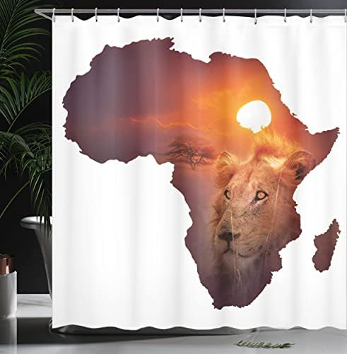 Ambesonne Safari Zuhanyzó Függöny, Afrikai Művészet Vadon élő Oroszlán Naplemente Kontinens Afrika Térkép Dupla Expozíció Nyomtatás, Textil
