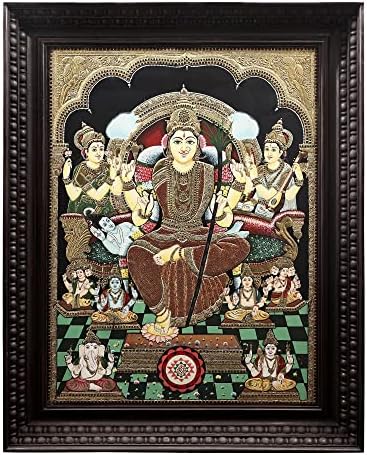 Egzotikus Indiai Istennő Rajarajeshwari a Sri Yantra Tanjore Festmény | Hagyományos Színek, 24 karátos Arany | Teakwo