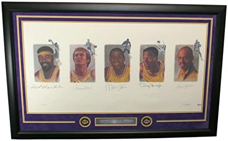 Lakers Legendák Aláírt Litho Kamarás Jabbar Johnson Nyugati 22x39 Keretes PSA/DNS - Dedikált NBA Művészet
