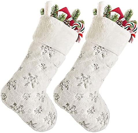 SherryDC Fehér Plüss Karácsonyi Zoknik 2 Csomag, 18 Ezüst Hópehely Flitterekkel Díszített Kandalló Harisnya Állítsa be a Karácsonyi Dekoráció