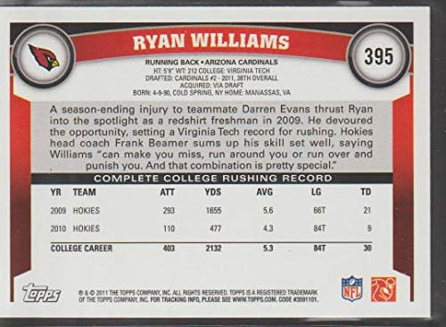 2011 Topps Labdarúgó-Kártya 395 Ryan Williams RC - Arizona Cardinals (RC - Újonc Kártya) NFL Trading Card