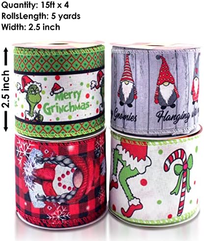 Karácsonyi Grincs nanus Szalag Vezetékes 2 1/2x 20Yards(4 Roll x 5 Méter),DIY Karácsonyi Szalag,Santa Kézműves Szalagot az