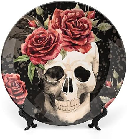Akvarell Skull and Roses Kerámia Dekoratív tábla Display Állvány Lógó személyre Szabott Esküvő Évforduló Ünnepi Ajándékok Pár