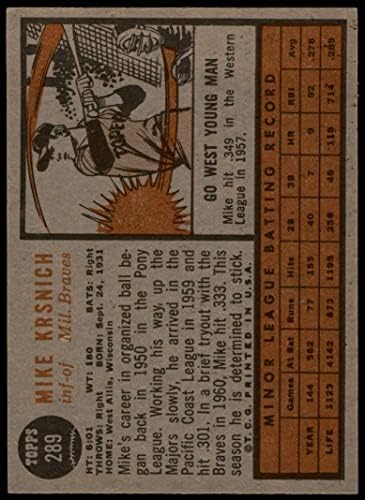 1962 Topps 289 Mike Krsnich Milwaukee Bátrabbak (Baseball Kártya) Dean Kártyák 5 - EX Bátrabbak