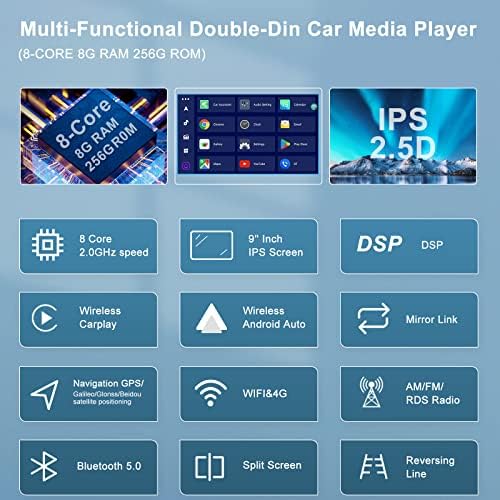 8+256G Android 12.0 autórádió Támogatja a Vezeték nélküli Carplay/Android Auto Phonelink, 9 hüvelykes IPS érintőképernyő, Wifi/4G GPS, Bluetooth,