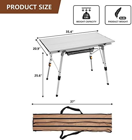 GARDIMAX Kerti Kemping Asztal Összecsukható Piknik Asztal, Állítható, Könnyű Alumínium Roll-Up Táblázat Felső Hálós Réteg, Ezüst