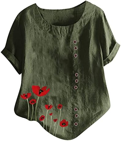 A Nők Maximum Nyári Virágmintás Rövid Ujjú T-Shirt Vászon Plus Size Gombot Alkalmi Blúz, Pulóver Pólók Ingek, Tunikák