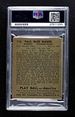 1939 Játszani 112 Paul Waner Pittsburgh Pirates (Baseball Kártya) PSA a PSA 4.00 Kalózok