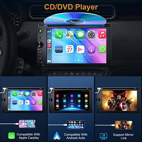 Dupla Din autórádió CD/DVD,7 Hüvelykes érintőképernyő autórádió Audio Biztonsági Kamera Támogatás Carplay, Android Auto,Bluetooth,Tükör Link,SWC,USB/AUX/TF/Mic