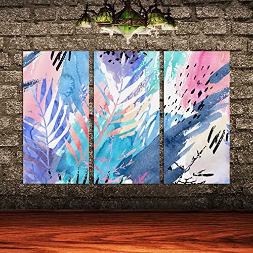 3 Panelek Keretes Vászon Wall Art Akvarell, Rózsaszín, Kék, Kézzel Festett Levelek Festmények, Modern Otthon Art Kész Lógni 12x24
