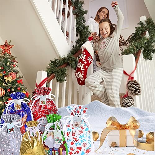 Jripae Karácsonyi Ajándék Táskák, Zsinóros Karácsonyi Ajándék Táskák 25Pcs Santa Csomagolás Zsák 4 Méretben, 6 Tervez-val Egészül ki Húzózsinórral
