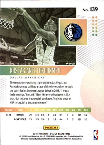 2018-19 Panini Állapota 139 Kostas Antetokounmpo RC Újonc Dallas Mavericks NBA Kosárlabda Trading Card
