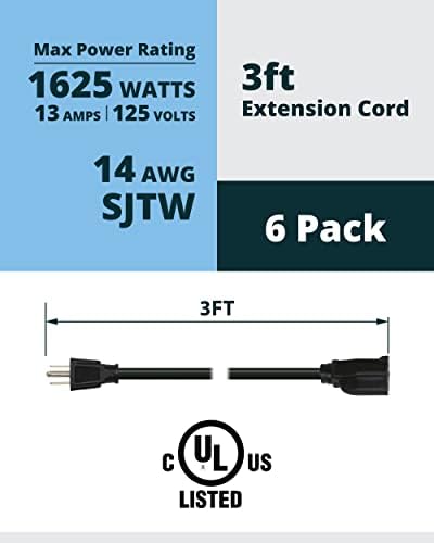 Lightkiwi 3ft hálózati Hosszabbító Kábel, 6-Pack, 16AWG SJTW Rövid Hosszabbító, 13A 125V 1625W, 3 Lépcsője Tápkábel, NEMA 5-15P,