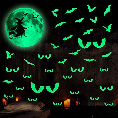 Konsait 54pcs Halloween Világít A Sötétben Világító Matricák Boszorkány Hold Denevérek Kukkoló Szeme falmatrica-Ablak Mennyezeti Fali