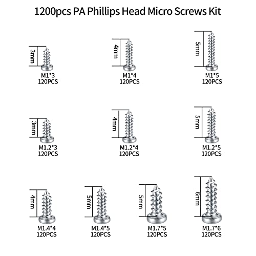 1200 Db Mini Csavar készlet, M1/M1.2/M1.4/M1.7 Micro Phillips Csavar Pan, Kis Menetmetsző Elektronikus Csavar Készlet, Napszemüveg Órajavítás