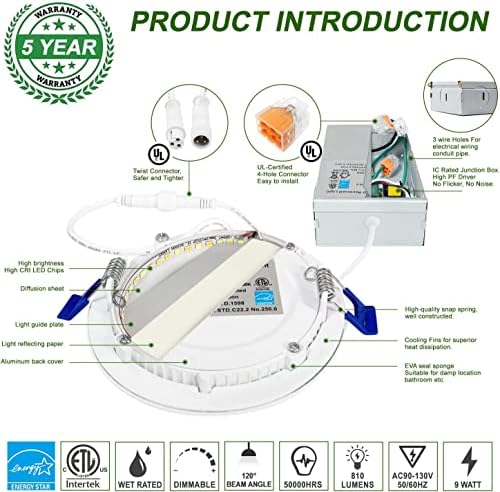 zouzai 24 Pack 4 Hüvelykes Ultra-Vékony Süllyesztett LED Mennyezeti Lámpa csatlakozó Doboz, 4000K hideg Fehér, 9W 80W Eqv, Szabályozható