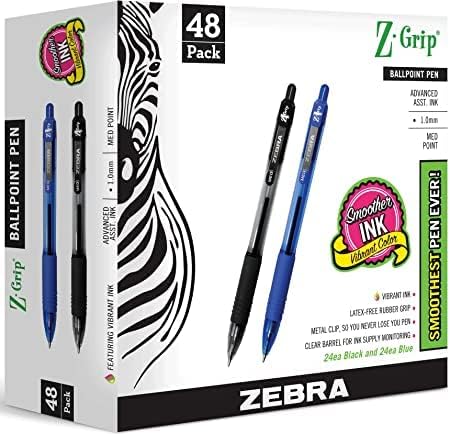 Zebra Toll tömeges csomag 48 tinta, toll Z-Grip Behúzható golyóstollat Közepes pont 1.0 mm, 24 fekete toll & 24 Kék toll