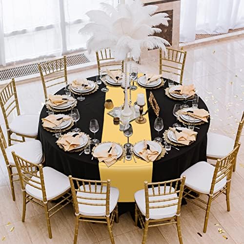 12 Pack 12x108 Hüvelyk Szatén asztali Futó 84 Colos Kerek Műanyag Asztalterítő Szett Fekete-Arany Eldobható kerekasztal-Fedezze Érettségi Esküvő