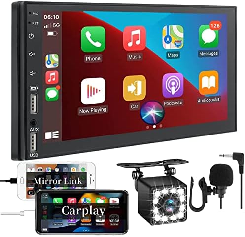 Dupla Din autórádió hangvezérléssel Apple Carplay - 7 Hüvelykes HD érintőképernyő Rádió, Bluetooth 5.1 & Mikrofon, mind a Biztonsági Kamera