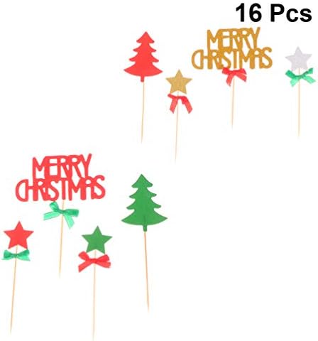 ABOOFAN 16pcs Karácsonyi Sütemény Csákány karácsonyfa Levelet Cupcake Dekoráció (8db Zöld Fa Piros betűs Készlet, 8db Piros